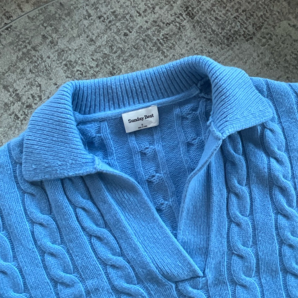 Aritzia Sunday Best Lottie Blue Merino Wool Relaxed Polo Cotagecore Sweater SzS - Picture 9 of 17